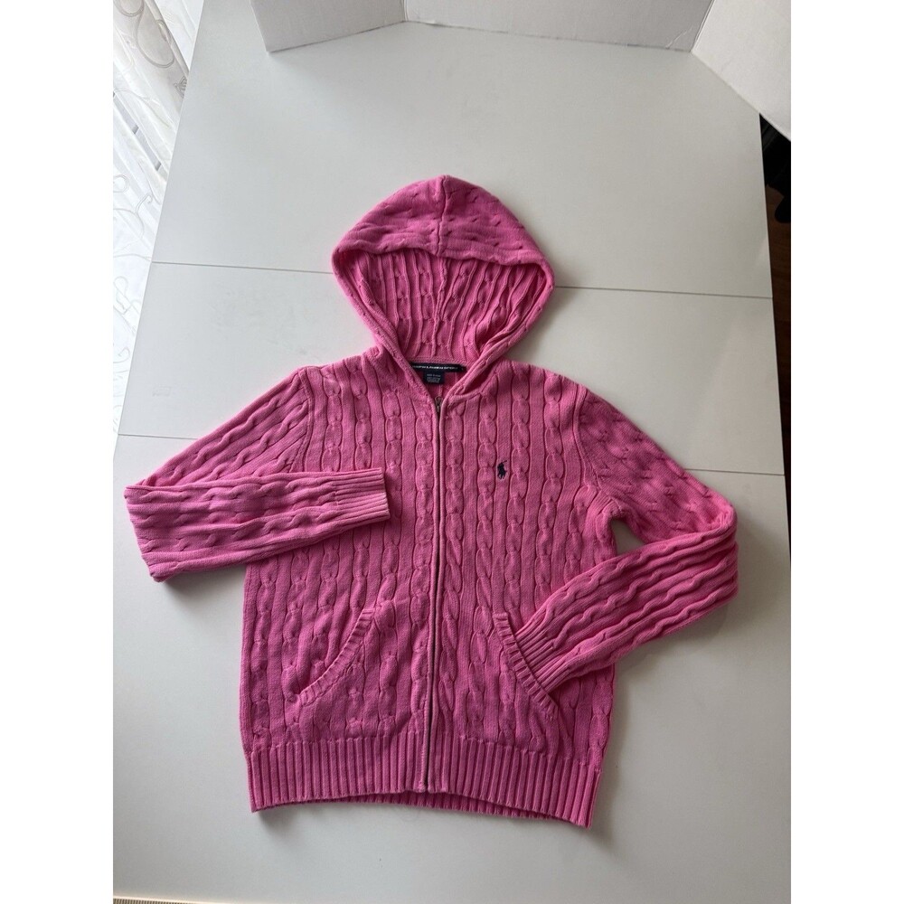 Ralph Lauren Sport Pink Cable Knit Full Zip Hoodie Sweater Womens Large Preppy